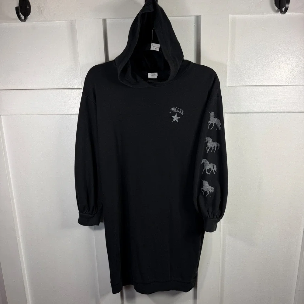 Gap Kids Girls XXL 14-16 Black Unicorn Glitter Graphic Hooded Sweatshirt Dress